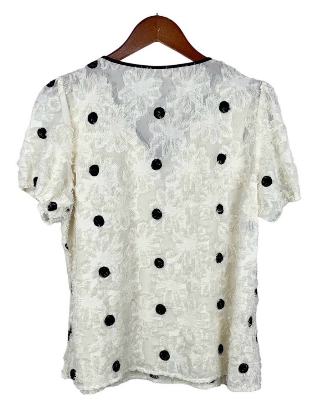 Ivory Polka Dot Puff Sleeve Blouse with Black Trim - Picture 4 of 5